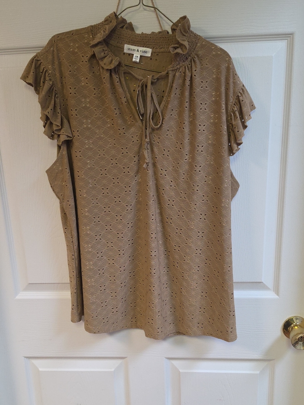 Stitch & Vine Taupe Eyelet Ruffle Tie-Neck Blouse